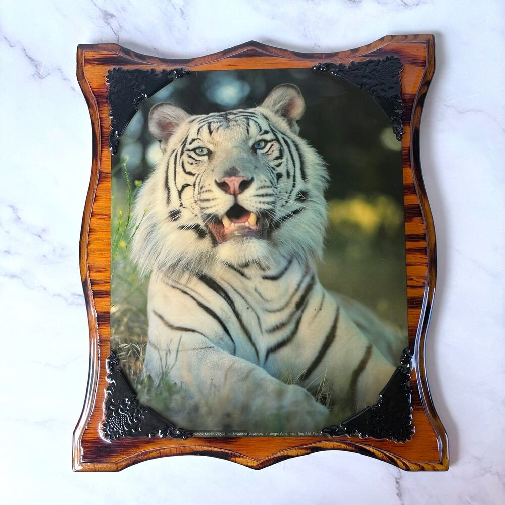Vintage Patrick Martin-Vegue White Tiger Wall Plaque Wood Frame Wildlife Art